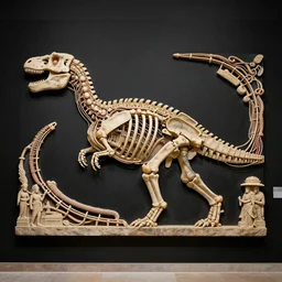 epic diptych, flat shaped stone relief carving, mechanic bionic dinosaur skeleton dissection relief made from rollercoaster, with organs, cables, wires and tubes, by angus mckie, on a black wall, by Lorenzo Ghiberti, by Goga Tandashvili, artstation, cgsociety, at Khajuraho