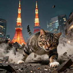 tabby cat attacking Tokyo, disaster movie poster, concept art by Ross tran, masterpiece, masterwork, artstation, cgstudio