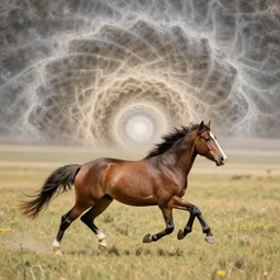 a wild horse, running in the see horse valley, a fractal world
