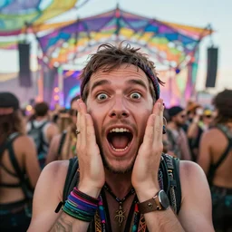 man freaking Out wide Open eyes on Overdose of psychedelics at a festival