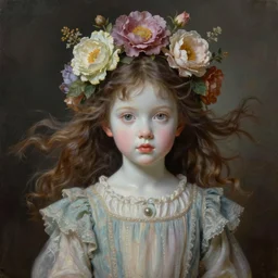 a young girl portrait with porcelain face and hazelnut big eyes, two ponytails flying in the wind, dressed in a vintage long dress, blooming mystic flowers in her head, conceptual art, oil fantasy painting, hyperdetailed, dramatic light, 8 k