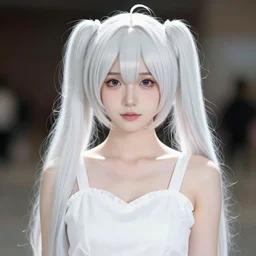 a high definition digital painting of a cosplayer with twin tails, wearing white dress, symmetric and beautiful face