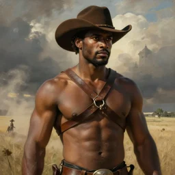 a beautiful dramatic epic painting of a handsome! thick shirtless black man | he is wearing a leather harness and cowboy hat | prairie setting, dust clouds | homoerotic, highly detailed, dramatic lighting, detailed face | by Mark Maggiori, by William Herbert Dunton, by Charles Marion Russell | trending on artstation