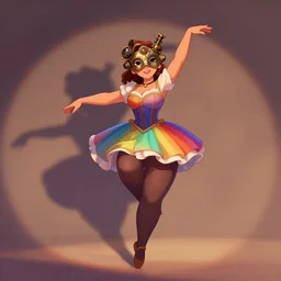 an fantasy scenery of a beautiful girl dancer, thick tights, curvy, wearing a beautiful intricately detailed steam punk mask, and clasical rainbow short dress, by disney, beautiful shadows, romantic atmosphere, artstation, cartoon art, 8 k
