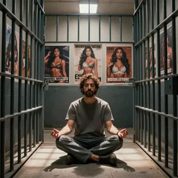 el chapo is meditating in the middle of a prison cell. the prison cell is lined with posters of hot latina babes. meditation