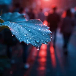 “ a world of light blue dew drops, red reflections of screaming people, dramatic backlit lighting, incredible reflections, macro bokeh ”