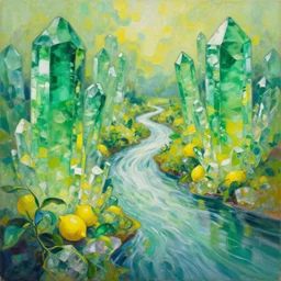lemon juice river flowing through enormous glistening emerald crystal formations, abstract landscape, oil on canvas, 4 k desktop wallpaper
