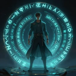 A man surrounded by glowing runes, trending on Artstation