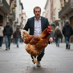m. rajoy with the body of a chiken running in the middle of the city, deseperated, high quality photo, ultrarrealistic, award winning photography, hyperrealistic
