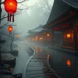 cozy ethereal empty onsen with wood walkways next to grand japanese pogota red and gold by greg rutkowski craig mullins ross tran mucha levitating lanterns lumen reflections matte painting fantasy specular lighting trending on artstation