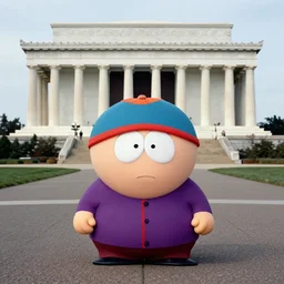 Studio Photograph of a real life Eric Cartman from South Park shot in the Style of Annie Leibovitz in front of the Lincoln Memorial