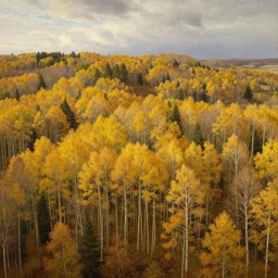 aerial view of an autumn aspen woods on a semi cloudy day, warm lighting, painting by Thomas Cole, award winning art, 4k, 8k