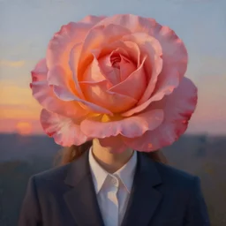 closeup, large rose flower under head, frontal, girl in a suit, surreal photography, sunrise, dramatic light, impressionist painting, digital painting, artstation, simon stalenhag