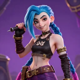 still of pretty Jinx (League of Legends) in KDA More music video. 3d render, octane render, game art, realistic, highly detailed, trending on artstation, 4k, trending on artstation, pixar, cgsociety, unreal engine 5, redshift render, trending on artstation, blender, behance, cg