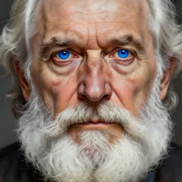 Old man, vivid blue eyes, bushy white beard, digital painting, lots of details, directed gaze, extremely detailed, 4k, intricate, brush strokes, Mark Arian, Artgerm, Bastien Lecouffe-Deharme
