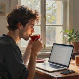 It's morning. Sunlight is pouring through the window bathing the face of a man enjoying a red cup of coffee, while looking at a laptop screen. A new day has dawned bringing with it new hopes and aspirations. Painting by Picasso