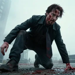 old keanu reeves in Logan, cinematic, blood, ultrawide angle