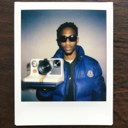 polaroid 5 5 blue, black man in moncler jacket and sunglasses,