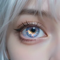 the eye of a white - haired girl in which flying mountains are visible