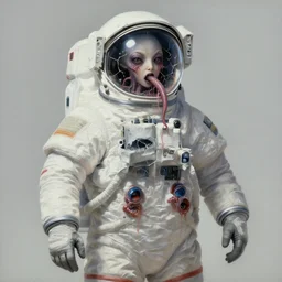 extremely detailed studio portrait of female space astronaut, alien tentacle protruding from eyes and mouth, slimy tentacle breaking through helmet visor, shattered visor, full body, soft light, plain studio background, disturbing, shocking realization, deviantart, award winning painting by hajime sorayama