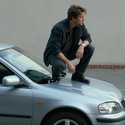 movie still of a man crouched on top of a car which is chasing a passenger jet down the runway of an airport, sunset, golden hour, dramatic