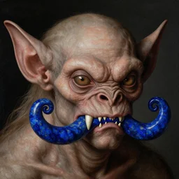 close up portrait of a mutant monster creature with giant ear in the middle of the face, lapis - lazuli fangs growing sideways in a spiral shape. by jan van eyck, audubon