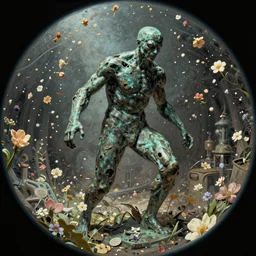 An epic fantastic realism comic book style painting of a distressed bronze sculpture from the future by Stanislaw Szukalski, beautiful flowers raining down, fisheye lens, unreal 5, DAZ, hyperrealistic, octane render, dynamic lighting