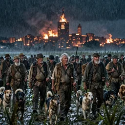 a crowd of elder hunter and dogs in a swamp by night with a heavy burning city backround by night, cinestill 8 0 0 t 3 5 mm, heavy grain, high quality, heavy rain
