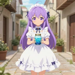 full body kawaii bombshell anime waifu woman with lavender hair, victorian white ruffly dress, holding jarred ocean. spanish ghibli alleyway. symmetrical face. symmetrical detailed defined eyes. isekai background style.