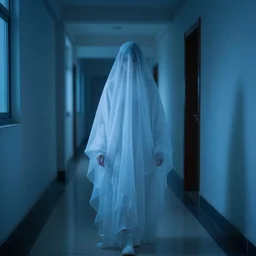 “A beautiful photograph of a young girl as a ghost, blue lighting, hallway”