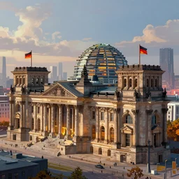 dystopian reichstag Germany, futuristic digital painting, concept art, volumetric lighting, skyline in back, warm lighting, trending on artstation, high detail, sci fi, gothic, vivid colours