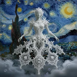 divine chaos engine by karol bak and ruan jia and vincent van gogh, iris van herpen visionary dreams, symbolism, james jean spiral clouds, imagination, daydreams and nightmares, otherworldly, ethereal, fractal lace, gorgeous gothic organic filigree