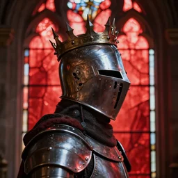 side - view portrait of a knight, kaldor helmet, cranium shaped visor, spike crown, gothic stained glass window, shiny red background, very masterful, backlit