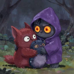 Little nightmares, purple raincoat, fiery eyes, cuddling her gremlings, painted by raymond swanland