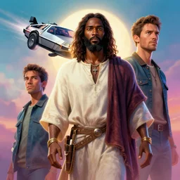 3 d vfx - drew struzan movie poster - art of an african jesus with a flying delorean, art style by james jean & ernie barnes, unreal engine render, digital illustration, sharp, intricate detail, volumetric lighting, ray tracing, soft light, colourful, pinterest, artstation, behance