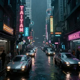 a cinematic movie scene, 1 8 mm wide shot, street view of a cyberpunk metro manila with english signs by ridley scott and denis villeneuve, futuristic vehicles, futurisic people, techno noir, dark, rain, volumetric lighting, hyper detailed, digital art, trending in artstation, cinematic lighting, studio quality,
