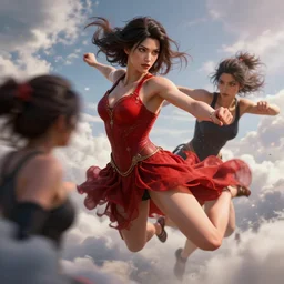 epic scene of ( most gorgeous character hyper detail in amazing detail red dress, beautiful hyper detail face, detail ) ( fighting ) ( woman in a black tank top, detailed face ), hyper realistic 3 d render, art station, particles, epic scene, mucha, clouds, jump pose, blur focus, action,