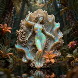 iridescent opal sculpture made of opal, moody, warm tones, water reflection, opalescent lush tropical forest with flowers : : dan mcpharlin, daniel merrian : : ornate, dynamic, particulate, rich colors, intricate, elegant, highly detailed, centered, artstation, smooth, sharp focus, octane render