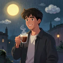 portrait of a ( ( ( taza de cafe ) ) ), ( ( guapo joven espanol sonriendo ) ), lluvia y nubes y magia, el sol, concept character, by greg rutowski and tezuka and oi and mucha and bierstadt and remington, trending on artgem, behance