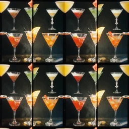 seamless repeating pattern of cocktails, colourful, symmetrical, repeating 35mm photography