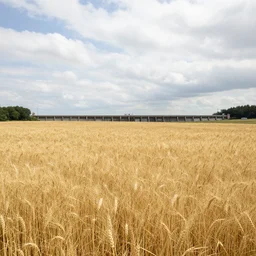 field of wheat, massive dam in the distance!!! clouds in the sky!!