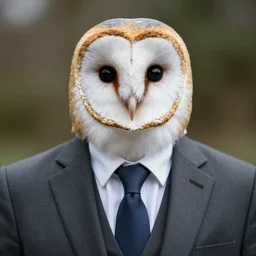 human wearing a suit with a barn owl face