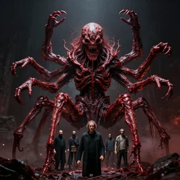 bloody monster with many arms and legs, flesh, tall, cinematic lighting, cosmic horror, grotesque, octane render, unreal engine, highly detailed, inspired by guillermo del toro, david cronenberg, shabab alizadeh, maximus jacobs