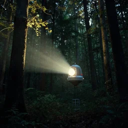 teleportation machine in a dark forest, light shining from the machine and illuminating the trees by thomas kinkaid