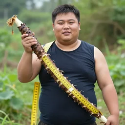 a photo of a fat man holding a 1 0 meter yam