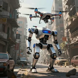 a robotic police with robot drone, slums downtown street, concept art, artstation, dystopian matte painting, hyper realistic, art by feng zhu, cinematic