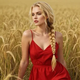 beautiful picture of a snub - nosed beauty blonde, a sultry slav with a long braid, in a red sundress in the style of the pre - raphaelites, rye, a three - quarter face