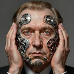 symmetry!! hands, machine parts embedded into face, intricate, elegant, highly detailed, digital painting, artstation, concept art, president yeltsin in hell killing people, 8 k