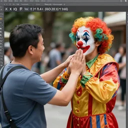 a man slapping a clown after being insulted , XF IQ4, 150MP, 50mm, f/1.4, ISO 200, 1/160s, natural light, Adobe Photoshop, Adobe Lightroom, DxO Photolab, polarizing filter, Sense of Depth, AI enhanced, HDR