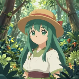 a drawing of reimu in the jungle wearing bonnet